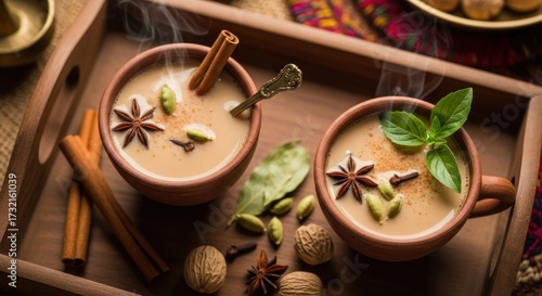 Wallpaper Mural Steaming cups of warm, spiced beverages are presented on a wooden tray, featuring cinnamon sticks, star anise, cardamom, and other aromatic ingredients. Torontodigital.ca