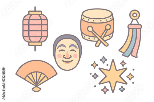 Collection of traditional Korean cultural symbols and festive objects with mask, drum, fan, and lantern