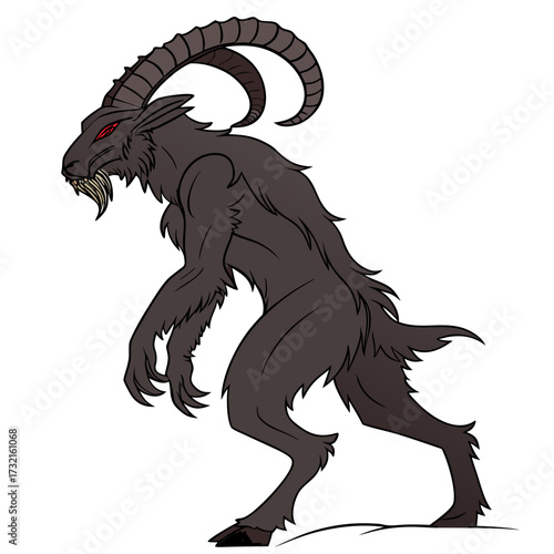 Illustration of a menacing goatman with large horns, sharp teeth, and glowing red eyes, perfect for fantasy, horror, or mythical themes
