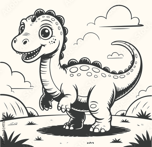 Vector art of a cute cartoon dinosaur standing in a field with clouds and hills in the background, perfect for childrens coloring books and educational materials