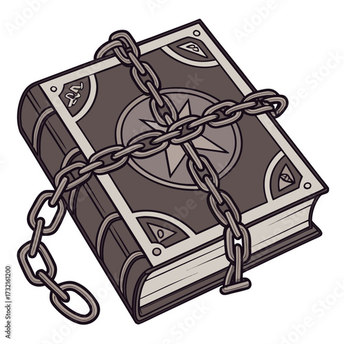A chained book, representing hidden knowledge or a closely guarded secret, the book features a unique design and a sturdy chain