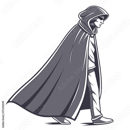 Mysterious man in a cloak walking, the figure is shrouded in mystery, with a dark cloak and sunglasses adding to the enigmatic aura