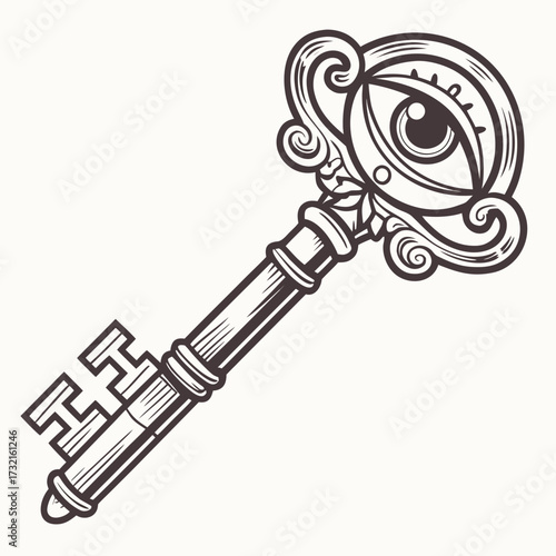 An ornate key with an eye design, the key evokes a sense of mystery, secrets, and the unlocking of hidden knowledge