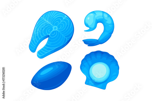 Vibrant blue seafood collection featuring a salmon steak, a curved shrimp, an oval mussel, and a scallop shell with a pearl