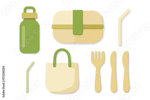Eco-friendly reusable lunch accessories and sustainable everyday items promoting a zero waste lifestyle concept