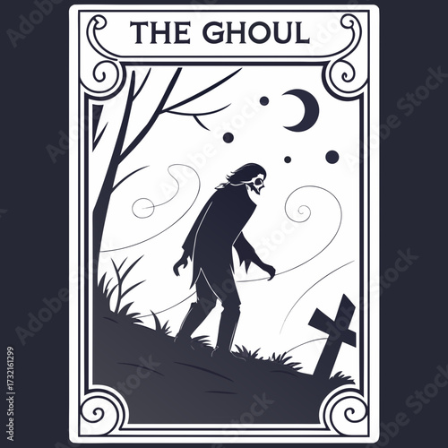 A tarot card with a ghoul standing in a graveyard, with a tree and a moon in the background, the card has a decorative border and the words the ghoul at the top