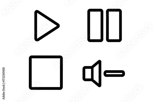 Essential media player control buttons including play pause stop and volume down symbols for user interface design