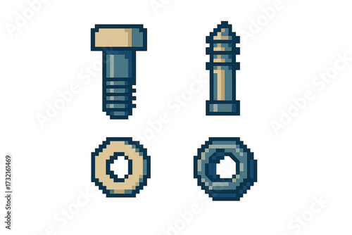 Retro pixel art style set of various metal fasteners including a bolt, screw, nut, and washer on a clean white background