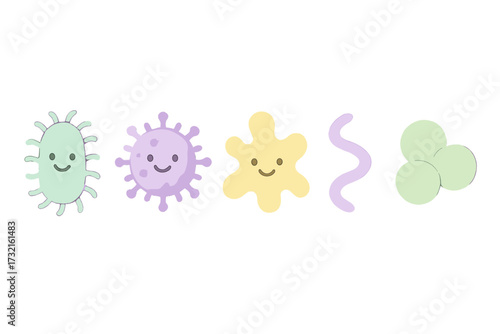 Smiling microscopic organisms and germs in a whimsical collection, including bacteria, viruses, and amoeba-like microbes, suitable for educational content