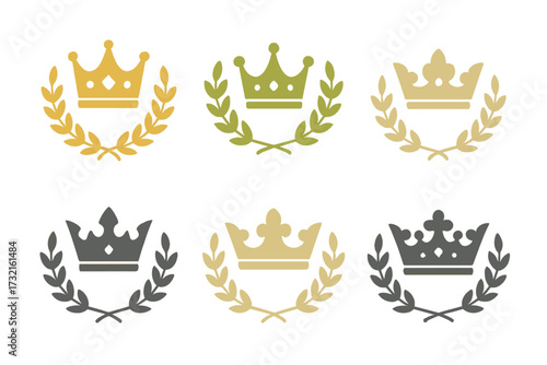 Set of regal crown and laurel wreath designs in different styles and colors for success and triumph