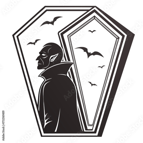 Eerie vampire in a coffin with bats, a chilling representation of halloween and gothic horror, perfect for conveying a sense of dread and the supernatural
