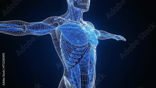 Wireframe human anatomy rotating under spotlight, clean minimal background, seamless loop.