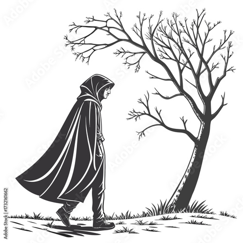 A cloaked figure walks alone beneath a bare tree, , evoking a sense of mystery and solitude in a stark, monochromatic landscape