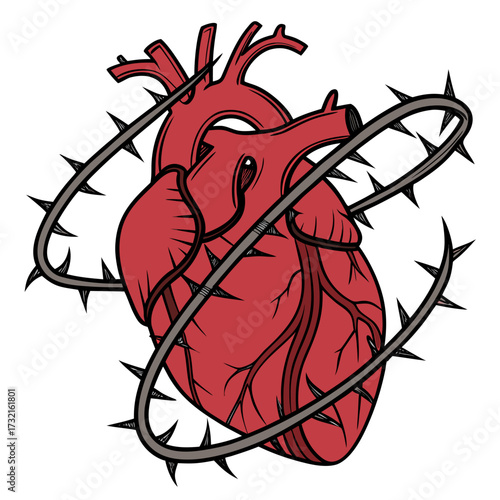 Anatomical heart entwined with a thorny vine, symbolizing pain, love, or resilience, a poignant representation of emotions and the human condition