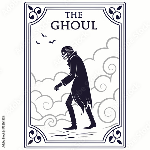 A vintage style illustration of a ghoul walking through clouds, , creating a classic and eerie halloween card
