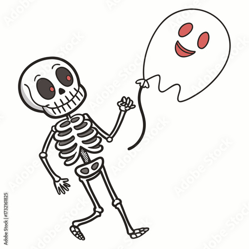 A cartoon skeleton is happily holding a ghost balloon, , creating a cheerful and fun halloween themed illustration