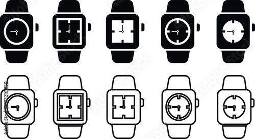Smartwatch icon set, black wearable watch vector collection and fitness tracker group in flat and line style, heart rate monitor, time, tech gadget symbol pack, minimal outline design