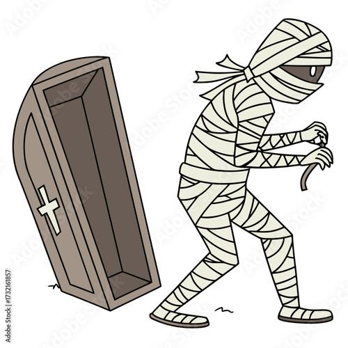 A cartoon mummy is walking out of a coffin, the mummy is covered in bandages and has a menacing look on its face, ready to scare people on halloween