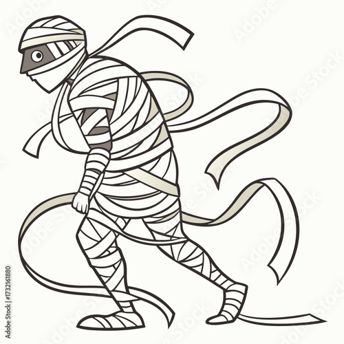Cartoon mummy walking with bandages trailing behind, a whimsical illustration of a classic halloween monster, perfect for spooky season
