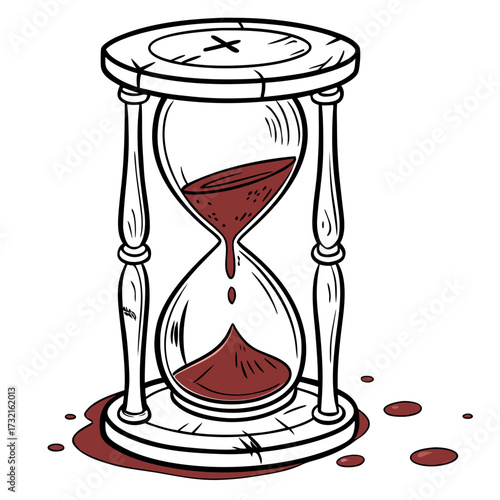 Hourglass with blood, a symbol of mortality and the passage of time, in a cartoon style, perfect for halloween