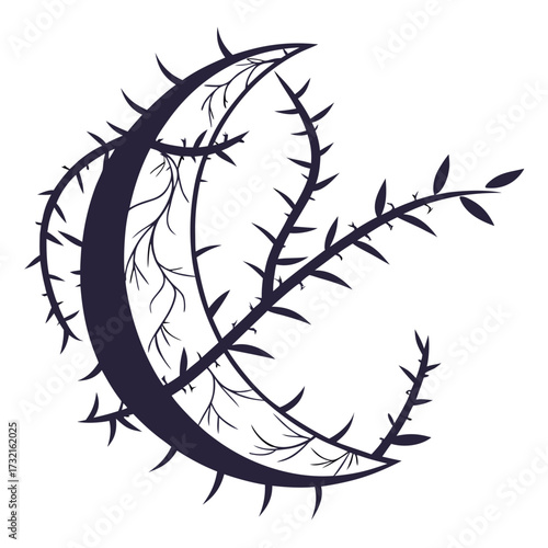 Crescent moon with thorns, a symbol of darkness and mystery, in a cartoon style, perfect for halloween