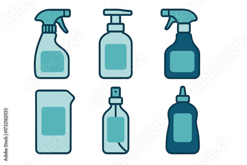 Assortment of plastic bottles for household cleaning products and personal hygiene liquids with various spray and pump dispensers