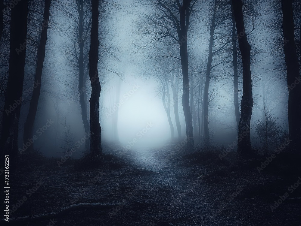 Naklejka premium Mysterious foggy forest at night with ghostly trees and eerily lit path, 3D render of haunting atmosphere perfect for horror games and cinematic concept art.