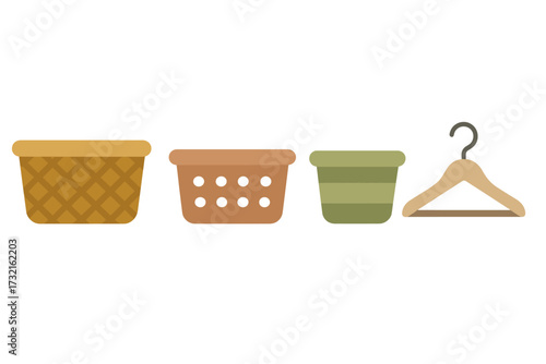 Household organization items including laundry baskets, storage containers, and a wooden clothes hanger for home tidiness