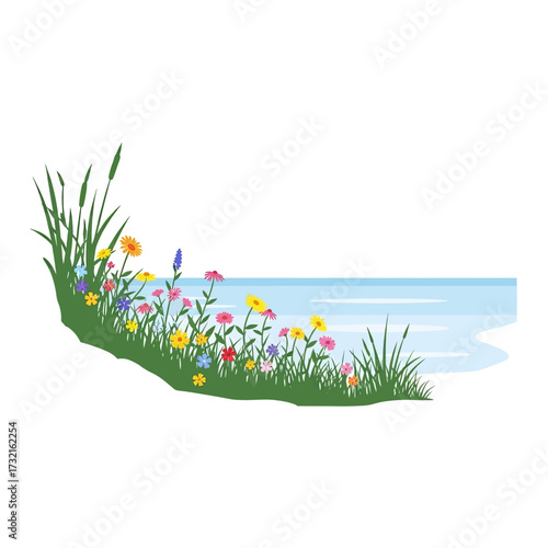 A vibrant meadow of wildflowers blooming along the edge of a calm blue body of water.