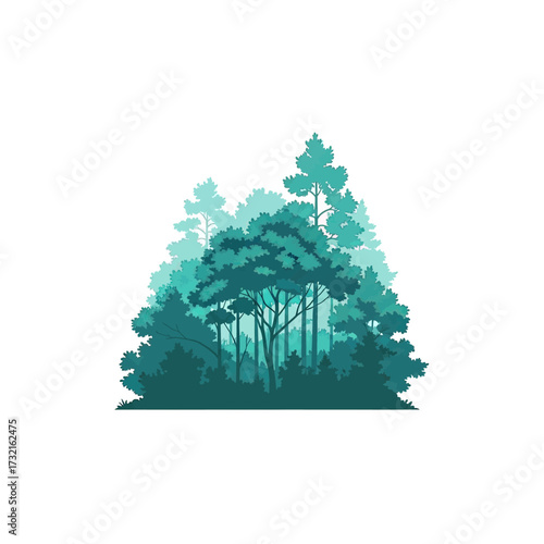 A serene illustration of a forest with various shades of green, depicting a tranquil natural scene.