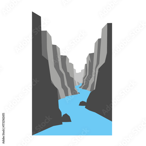 A vibrant blue river flows through a deep, narrow canyon with steep, gray rock walls under a bright sky.