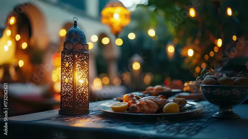 Ramadan lantern on the table. Selective focus