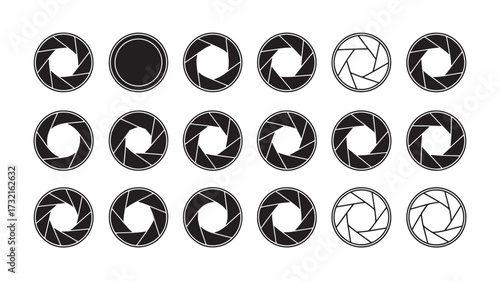 Camera Aperture Icons in Various Stages of Opening in Black and White Illustration for Graphic Design