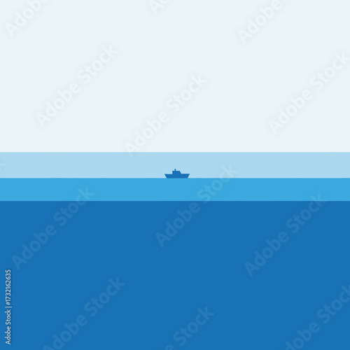 Minimalist illustration of a small boat sailing on a calm blue ocean under a clear sky, with a distinct horizon line.
