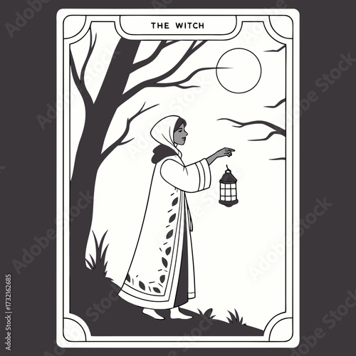 A witch in a white cloak with a lantern standing in the forest under the moon, tarot card illustration, black and white drawing, magic, witchcraft, divination, occultism