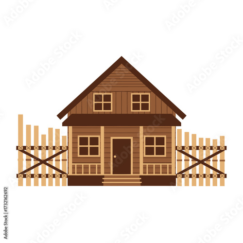 Illustration of a wooden house with a fence in front, showcasing architectural details.