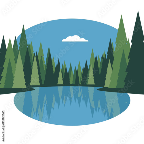 Illustration of a forest reflecting in a lake under a blue sky with a cloud.
