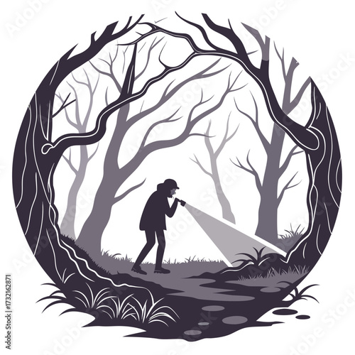 Mysterious figure with flashlight in dark forest, creating a sense of suspense and intrigue, perfect for crime, mystery, or thriller themes