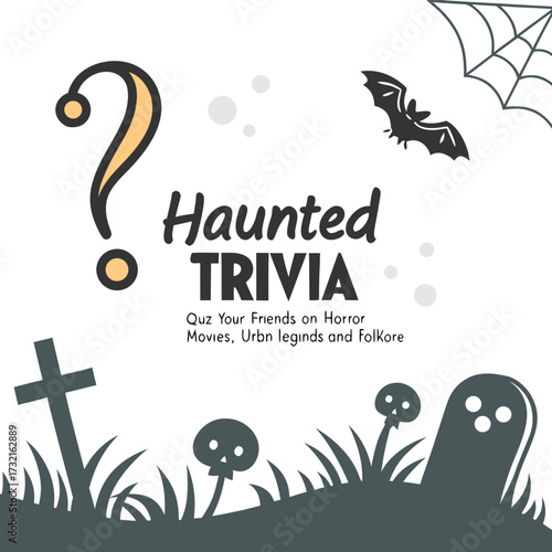 Haunted trivia night, quiz your friends on horror movies, urban legends, and folklore, featuring a spooky graveyard and halloween elements