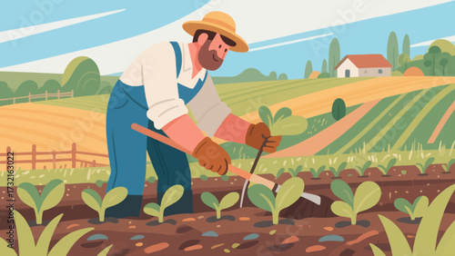 Farmers are doing farm work in the fields, with cartoon hand-drawn vector illustrations