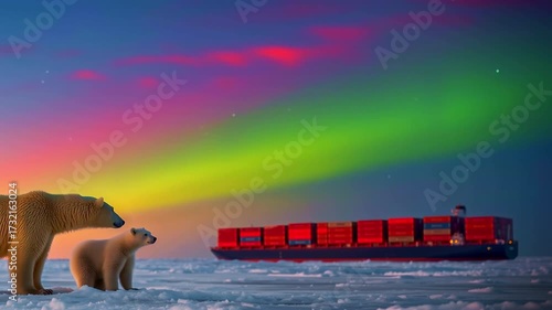 Polar bears on an ice floe watch a loaded container ship navigate its way through the ice under a bright night sky with the northern lights, a concept for trade routes along the northern routes