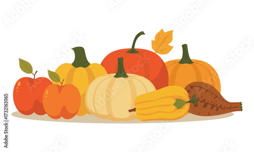 Vector design of Autumn-themed still life illustration of seasonal food items, such as apples, pumpkins, and squash, arranged in a simple composition