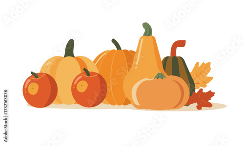 Vector design of Autumn-themed still life illustration of seasonal food items, such as apples, pumpkins, and squash, arranged in a simple composition 