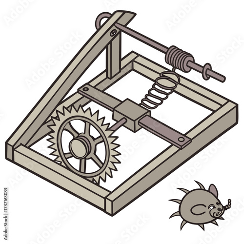 An illustration of a complex mousetrap with a mouse standing nearby, , showcasing a humorous take on pest control and engineering