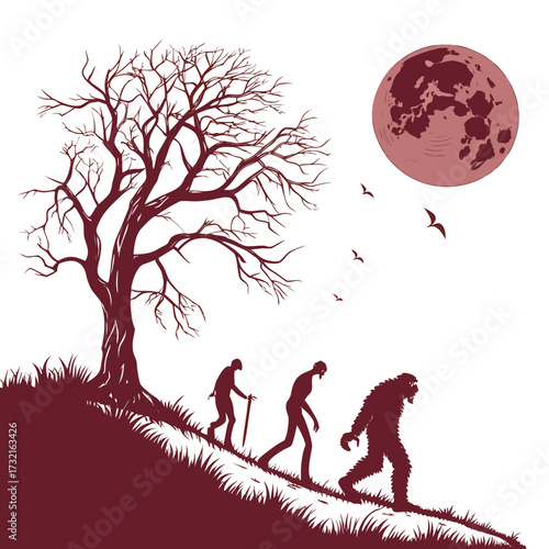 Bigfoot evolution under a blood moon a silhouette of the legendary creatures transformation, set against a backdrop of a crimson lunar orb