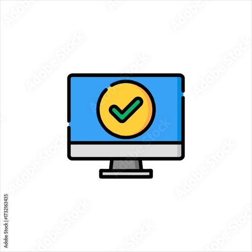 Computer screen displays a green checkmark symbol on a blue screen representing successful operation in a clean, modern style.