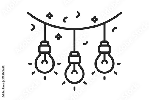 Hanging lights garland icon for celebration. Party decoration lightbulbs string. Festive lamps for holiday or event. Linear vector symbol for Christmas. Idea concept cartoon.
