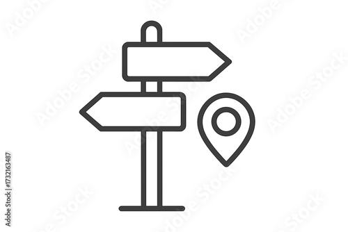 Directional signpost and location pin icon. Concept of choice, path, travel, and navigation. Arrow signs showing opposite ways. Crossroads, destination, and guidance symbol.