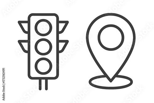 Traffic light and map pin icon set. Linear vector illustration for navigation, location, and direction. GPS marker, destination point, and traffic control signal pictogram.