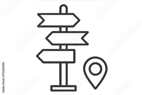 Directional signpost with location pin icon. Vector outline illustration for travel, choice, and guidance. Crossroads decision making concept. Navigation and destination symbol.
